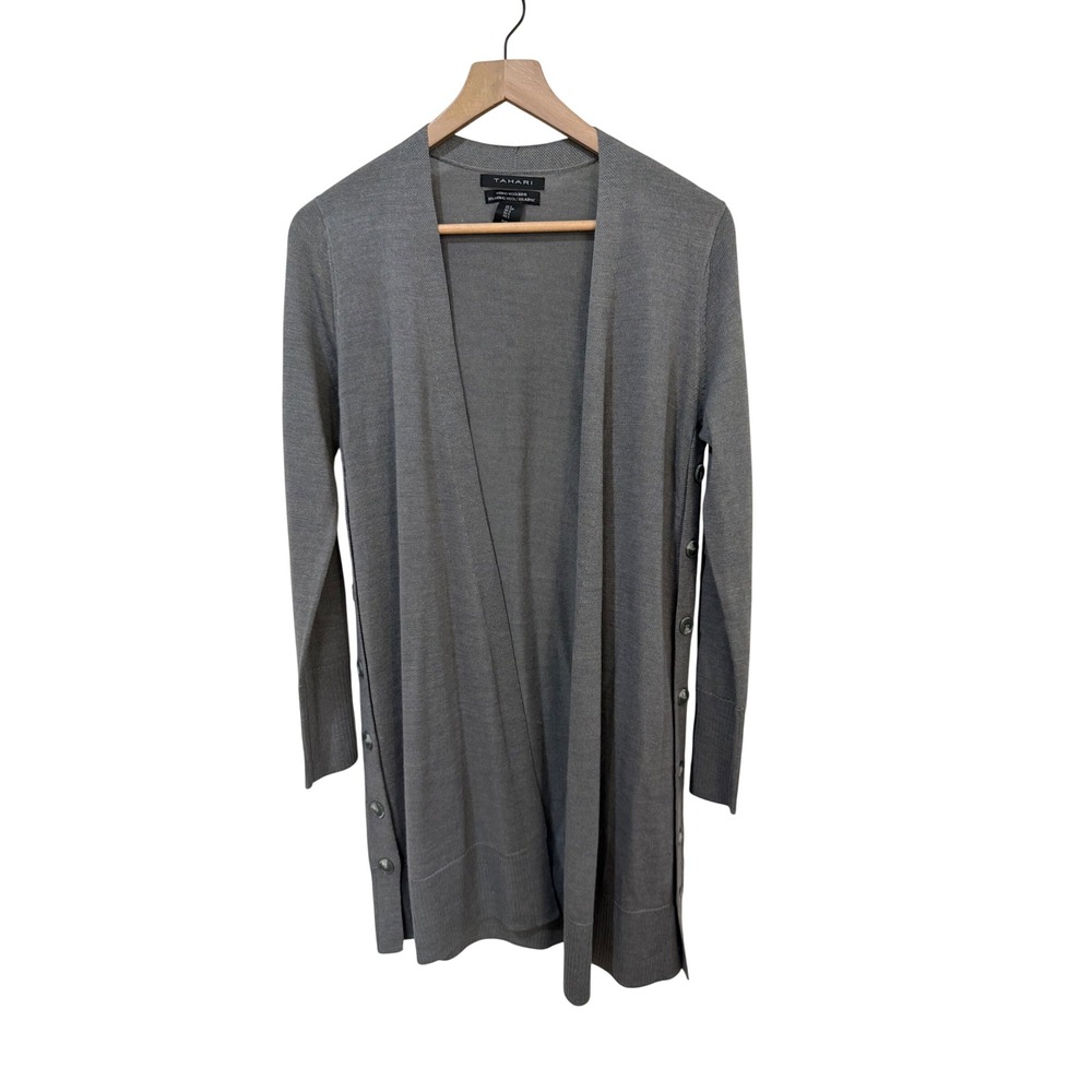 Tahari Cardigan Small Gray Merino Wool Blend Side Button Longline Open Front